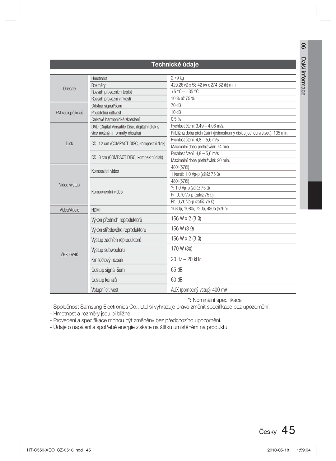 Samsung HT-C553/XEF, HT-C555/EDC, HT-C555/XEF Technické údaje, Zesilovač, Výkon předních reproduktorů X 2 3 Ω, 166 W 3 Ω 