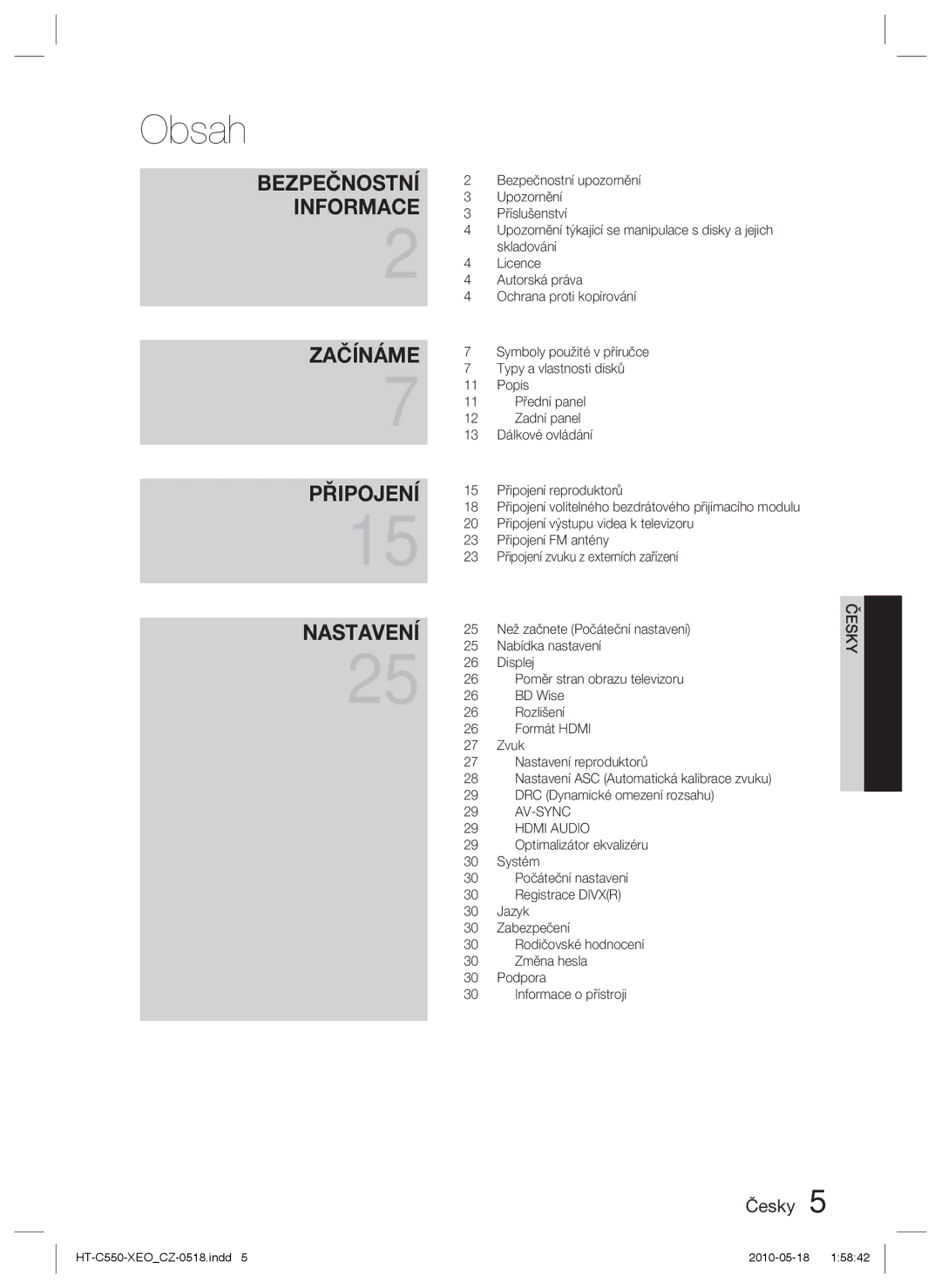 Samsung HT-C553/XEF, HT-C555/EDC, HT-C555/XEF, HT-C550/XEF manual Obsah, Bezpečnostní Informace 