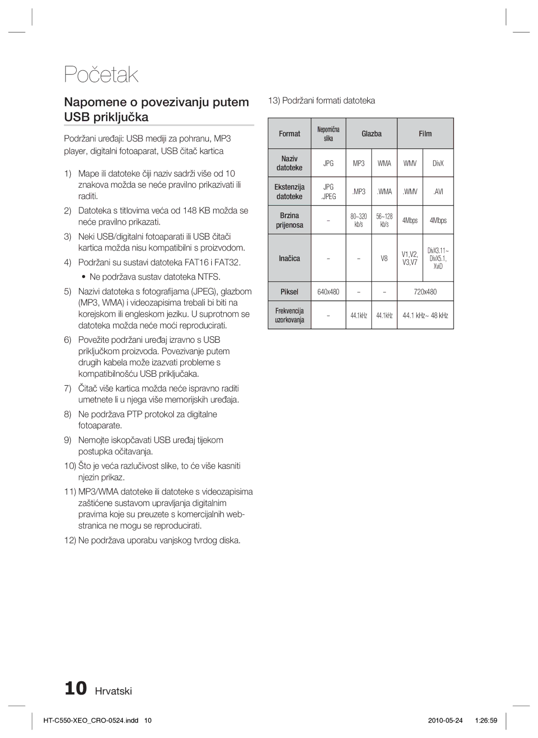 Samsung HT-C555/EDC manual Napomene o povezivanju putem USB priključka, Glazba Film 