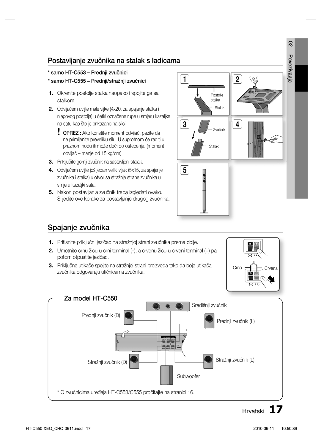 Samsung HT-C555/EDC manual Postavljanje zvučnika na stalak s ladicama, Spajanje zvučnika, Za model HT-C550 