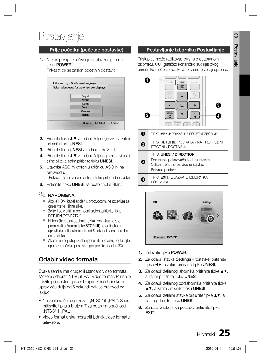 Samsung HT-C555/EDC manual Postavljanje, Odabir video formata, Prije početka početne postavke, Return Povratak 