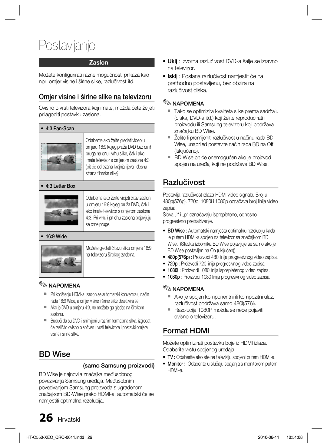 Samsung HT-C555/EDC manual BD Wise, Razlučivost, Format Hdmi, Zaslon 