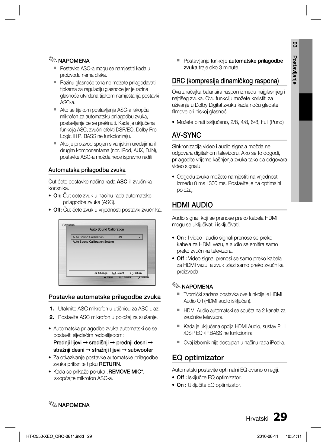 Samsung HT-C555/EDC manual EQ optimizator, Automatska prilagodba zvuka, Postavke automatske prilagodbe zvuka 