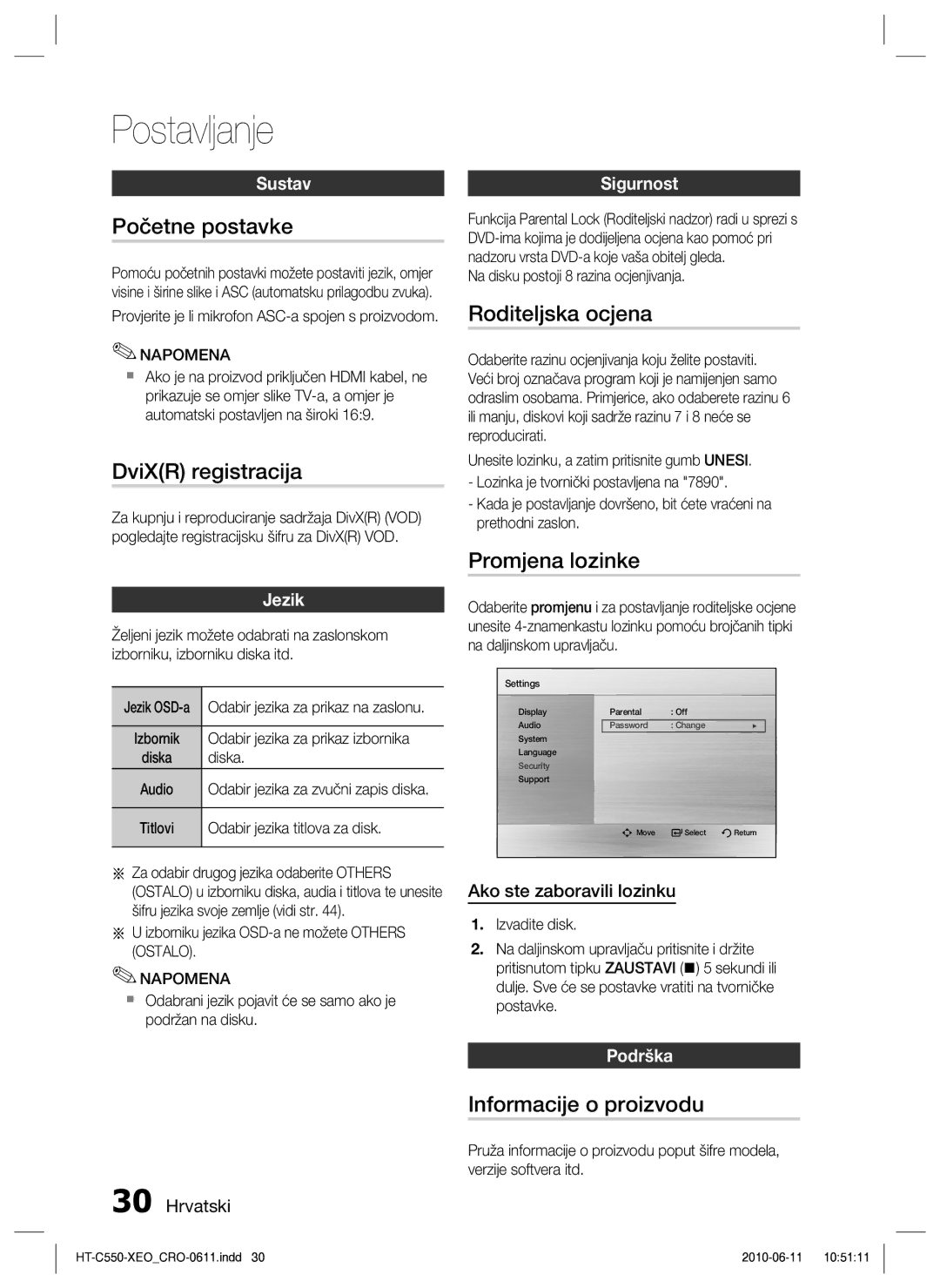 Samsung HT-C555/EDC Početne postavke, DviXR registracija, Roditeljska ocjena, Promjena lozinke, Informacije o proizvodu 