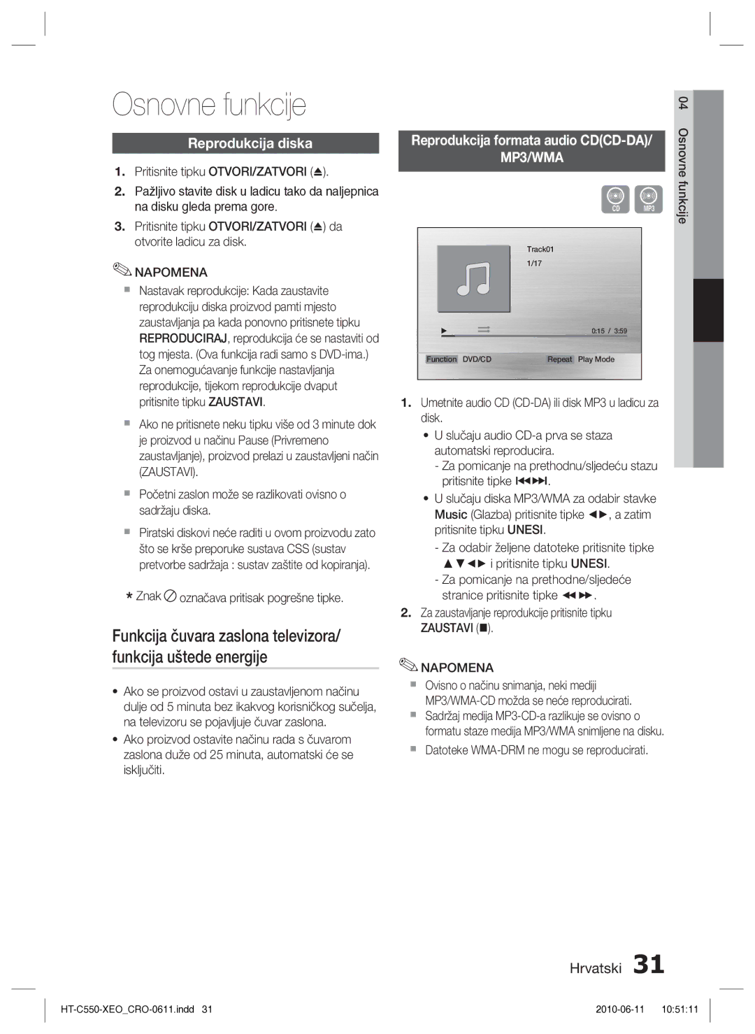 Samsung HT-C555/EDC manual Osnovne funkcije, Reprodukcija diska, Reprodukcija formata audio CDCD-DA 