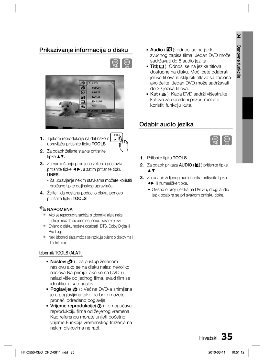 Samsung HT-C555/EDC manual Prikazivanje informacija o disku, Odabir audio jezika, Izbornik Tools Alati 