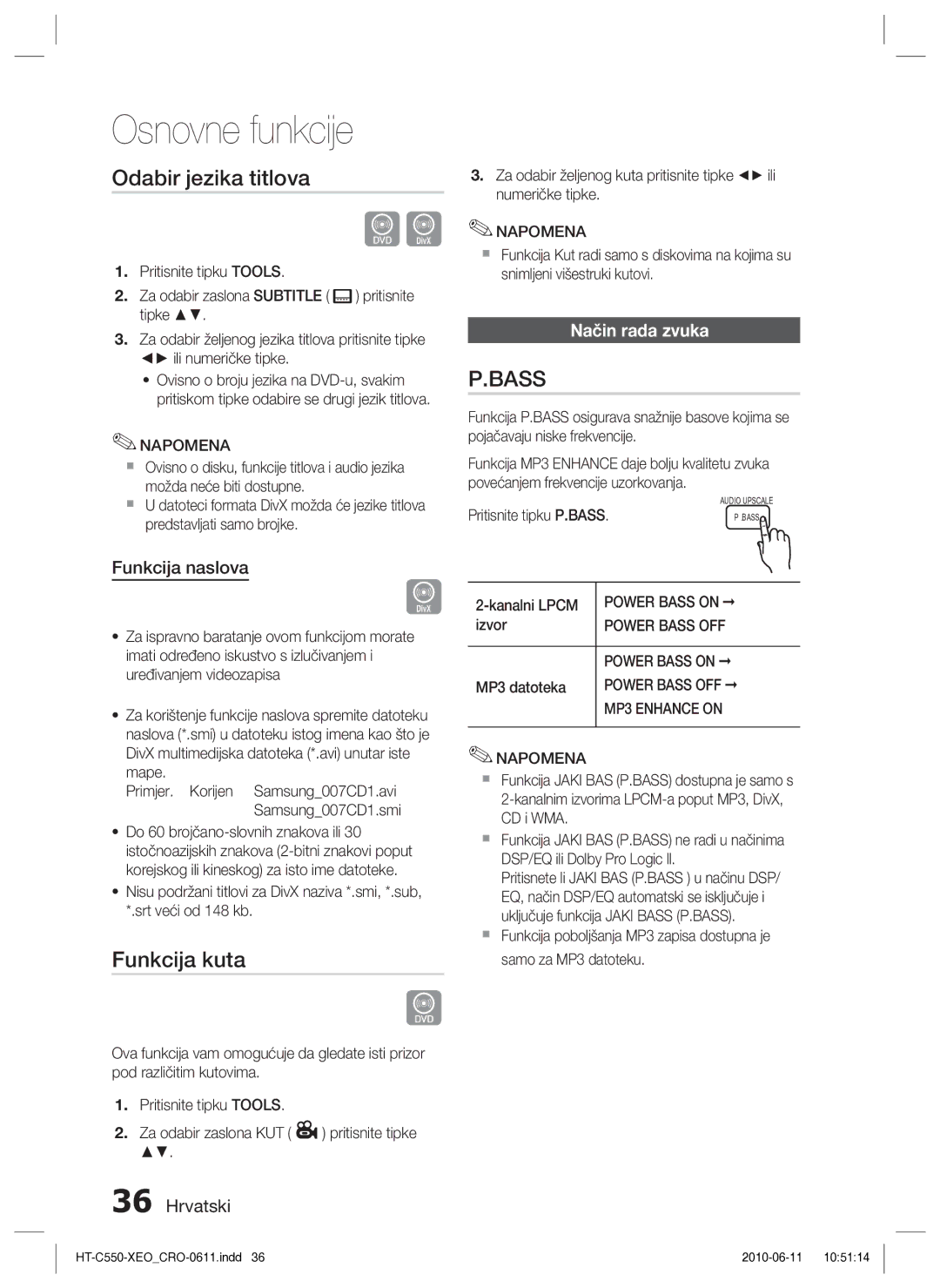 Samsung HT-C555/EDC manual Odabir jezika titlova, Funkcija kuta, Način rada zvuka, Funkcija naslova 