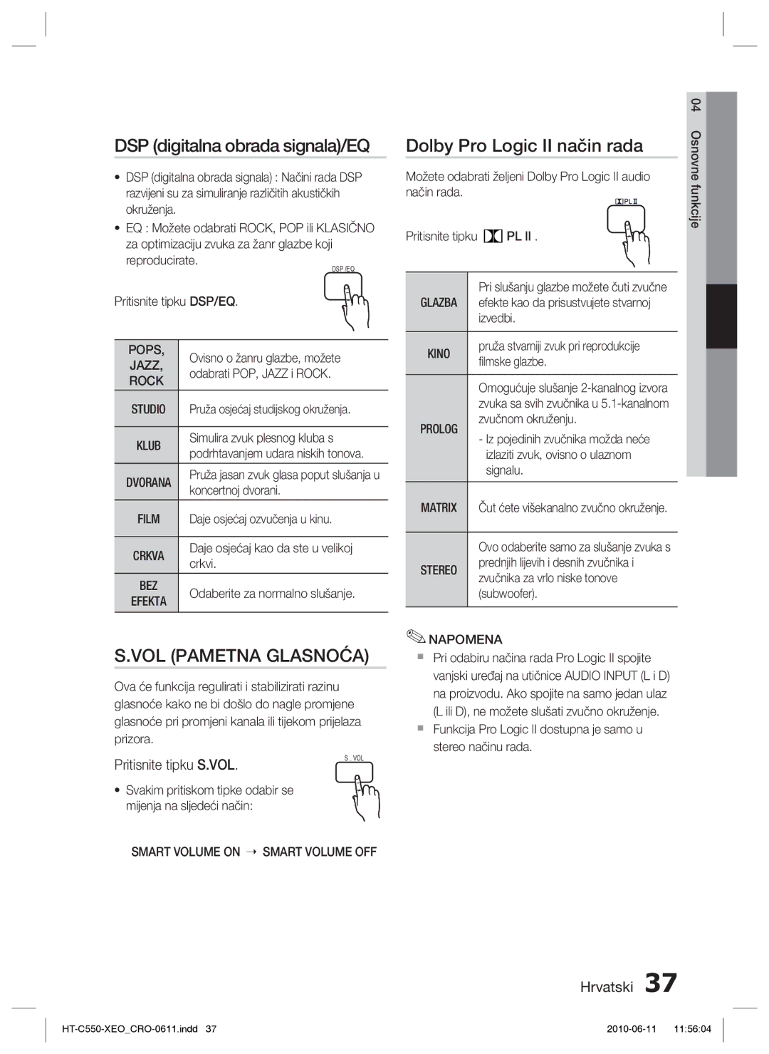 Samsung HT-C555/EDC manual DSP digitalna obrada signala/EQ, Dolby Pro Logic II način rada, Pritisnite tipku S.VOL 