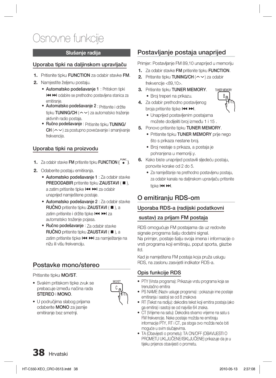 Samsung HT-C555/EDC manual Postavke mono/stereo, Postavljanje postaja unaprijed, Emitiranju RDS-om, Slušanje radija 