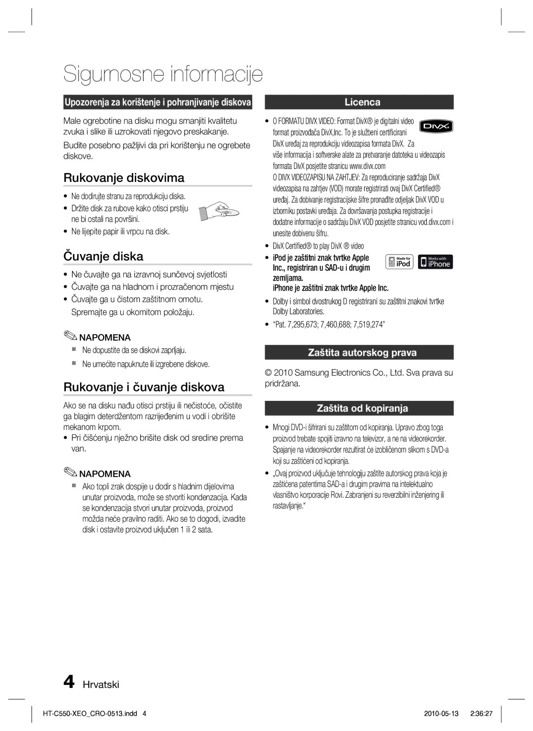 Samsung HT-C555/EDC manual Rukovanje diskovima, Čuvanje diska, Rukovanje i čuvanje diskova, Licenca 