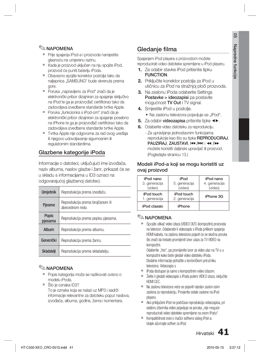 Samsung HT-C555/EDC manual Gledanje ﬁlma, Glazbene kategorije iPoda, Modeli iPod-a koji se mogu koristiti uz ovaj proizvod 