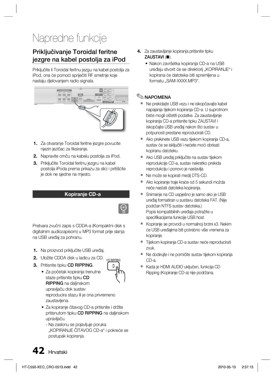 Samsung HT-C555/EDC manual Kopiranje CD-a, Za zaustavljanje kopiranja pritisnite tipku, Zaustavi  