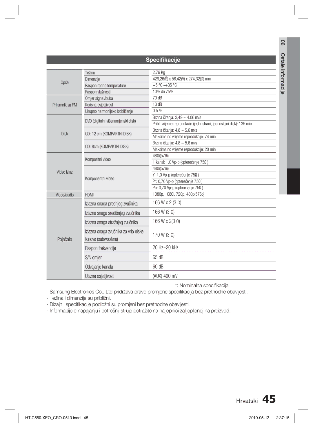 Samsung HT-C555/EDC manual Speciﬁkacije 