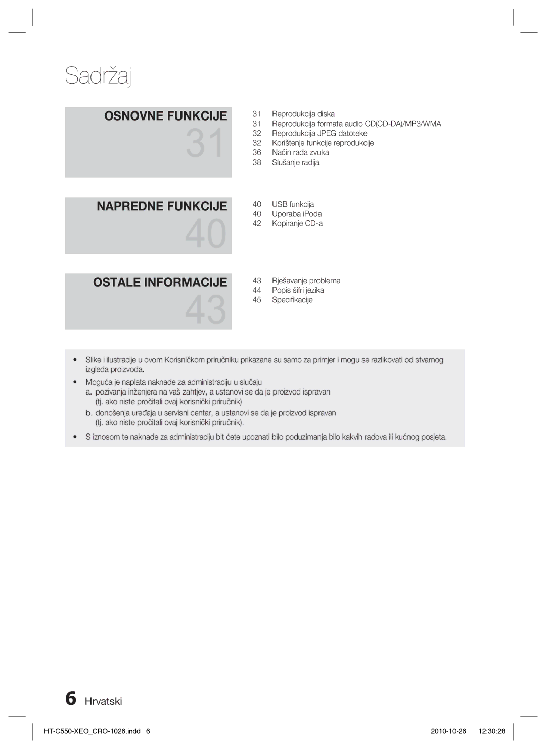 Samsung HT-C555/EDC manual Napredne Funkcije Ostale Informacije 