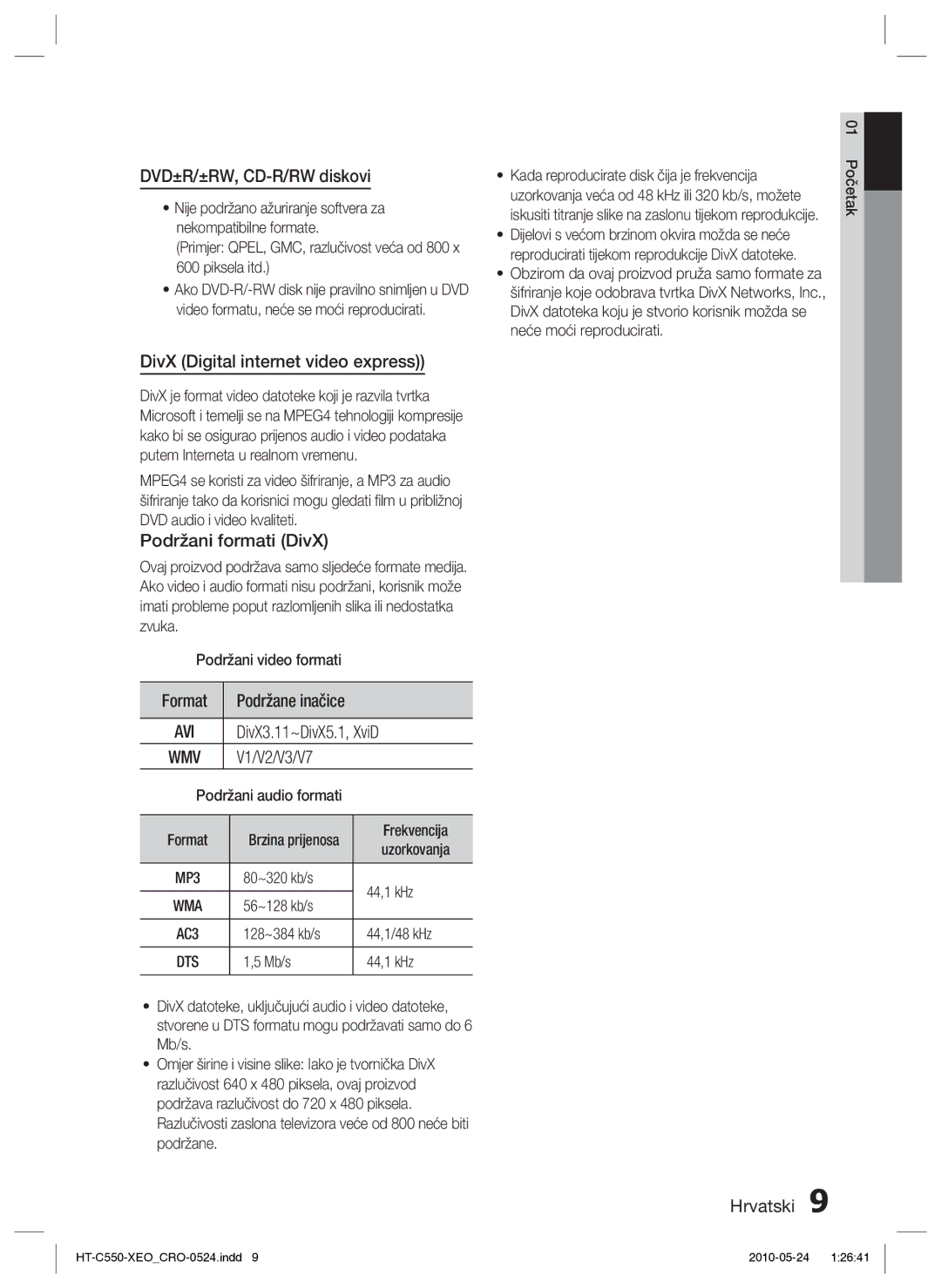 Samsung HT-C555/EDC manual DVD±R/±RW, CD-R/RW diskovi, DivX Digital internet video express, Podržani formati DivX, Format 