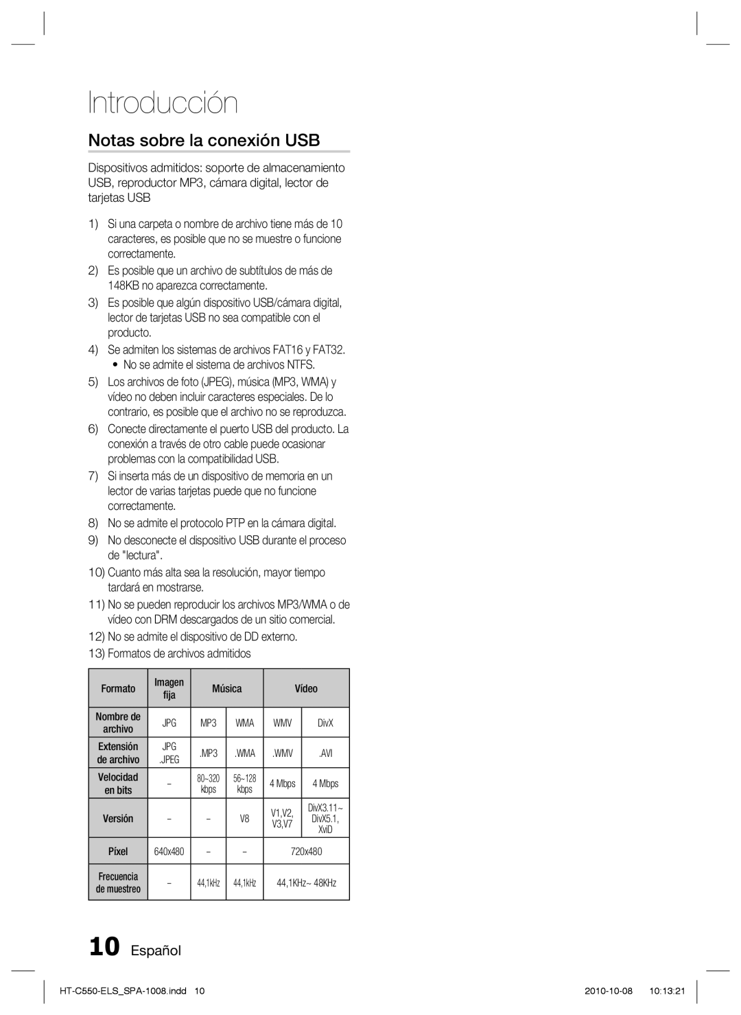 Samsung HT-C550/MEA, HT-C555/XEF, HT-C550/XEF, HT-C555/MEA manual Notas sobre la conexión USB, Formato, Música Vídeo, Kbps 