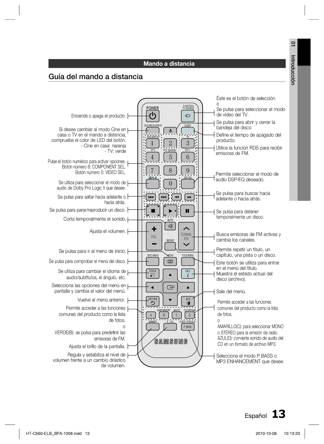 Samsung HT-C550/XEF, HT-C555/XEF, HT-C550/MEA, HT-C555/MEA manual Guía del mando a distancia, Mando a distancia 