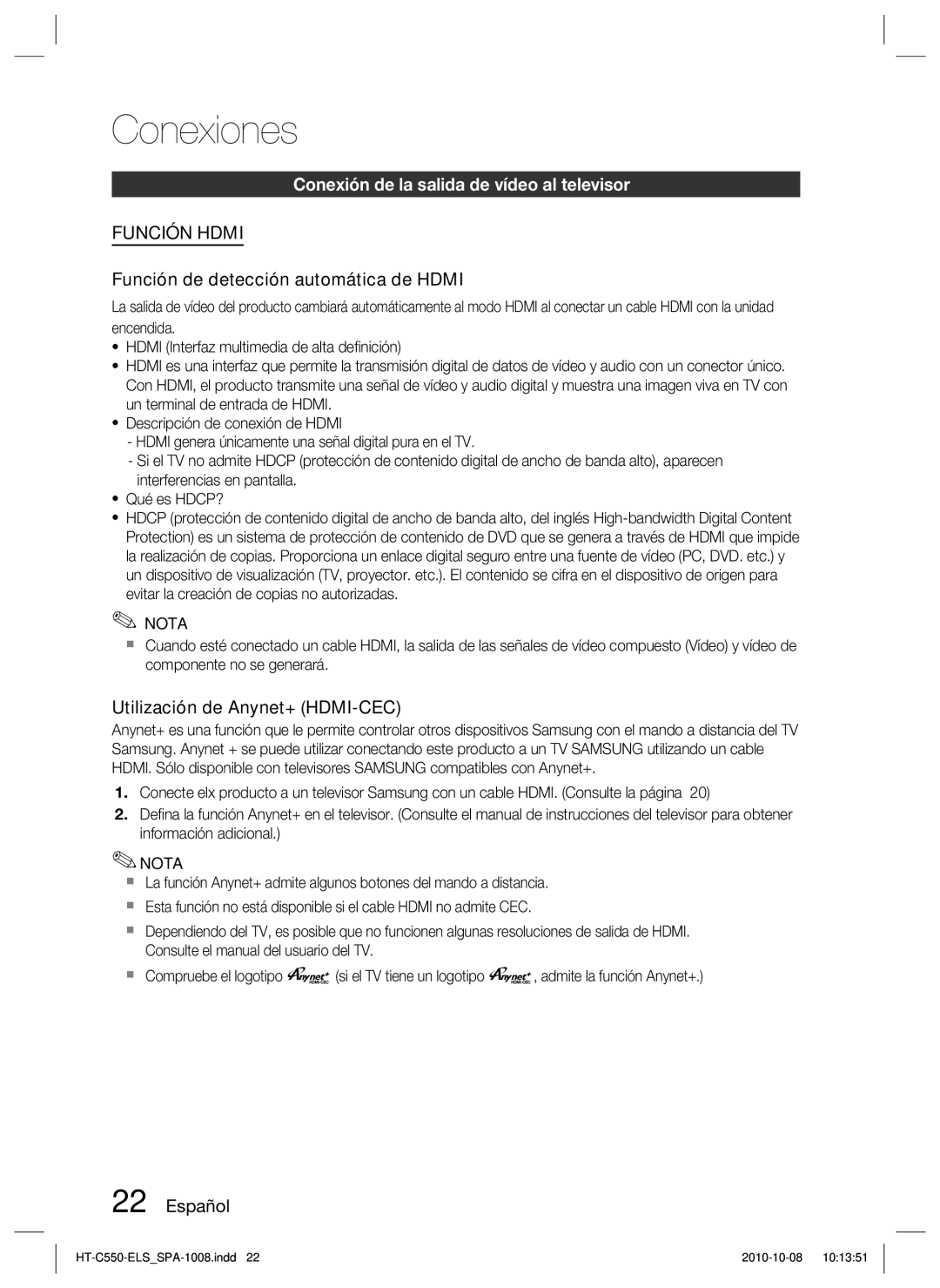 Samsung HT-C550/MEA, HT-C555/XEF, HT-C550/XEF manual Función de detección automática de Hdmi, Utilización de Anynet+ HDMI-CEC 