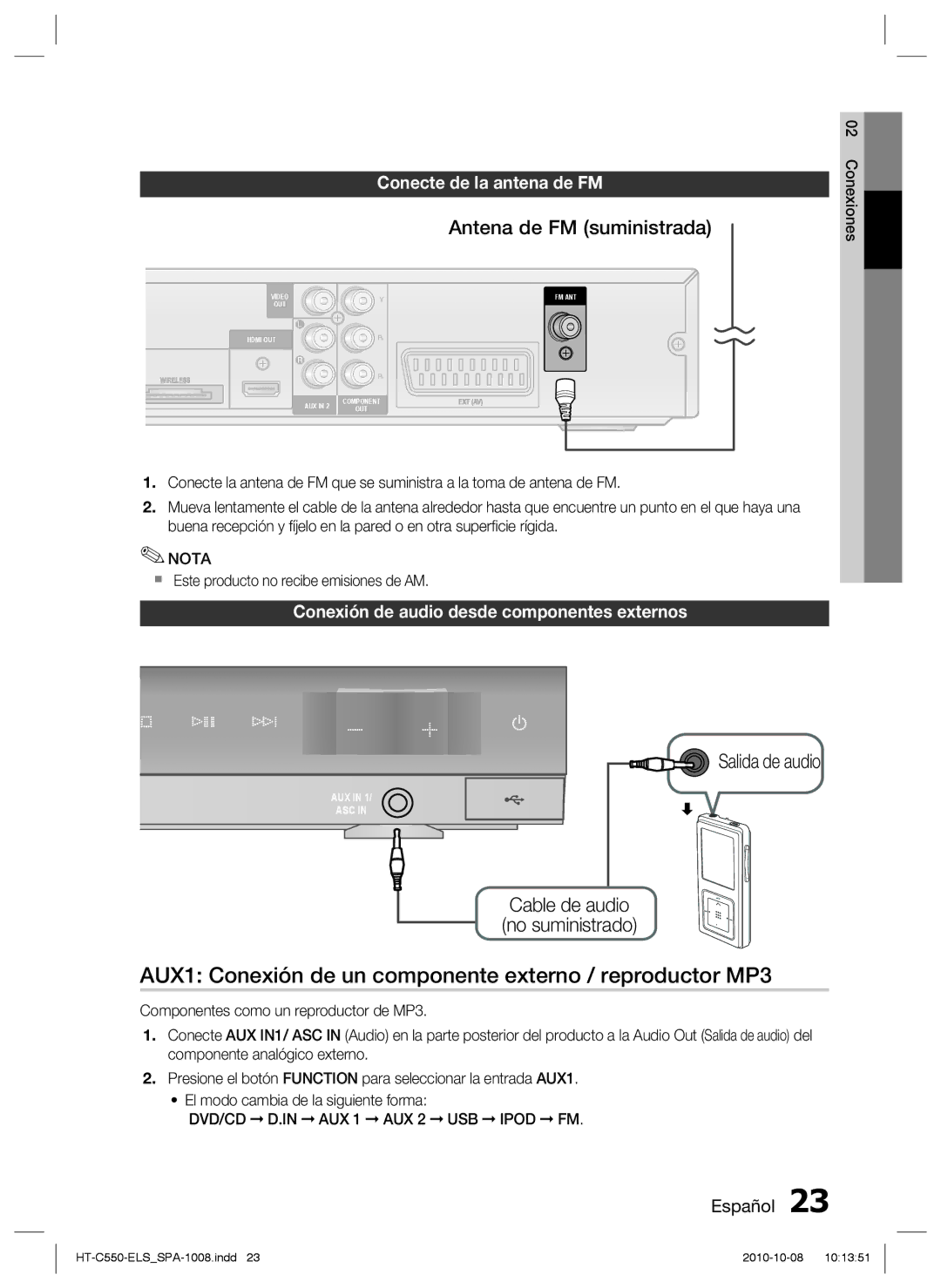 Samsung HT-C555/MEA, HT-C555/XEF manual AUX1 Conexión de un componente externo / reproductor MP3, Antena de FM suministrada 