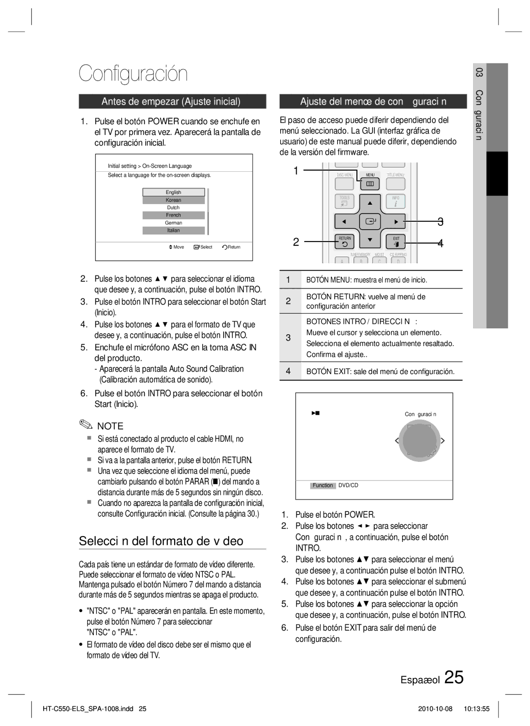 Samsung HT-C550/XEF, HT-C555/XEF manual Conﬁguración, Selección del formato de vídeo, Antes de empezar Ajuste inicial, Intro 