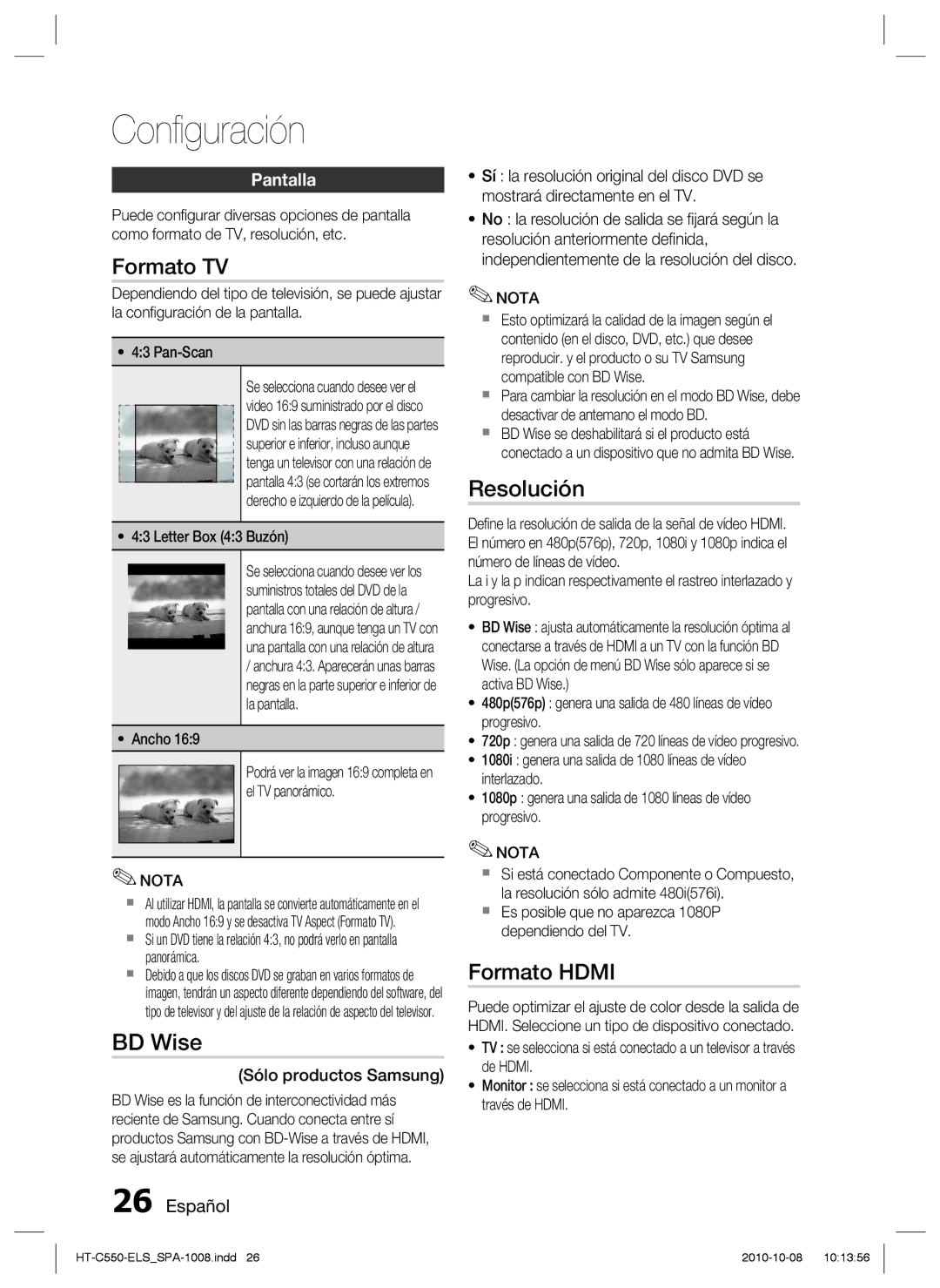 Samsung HT-C550/MEA, HT-C555/XEF, HT-C550/XEF, HT-C555/MEA manual Formato TV, BD Wise, Resolución, Formato Hdmi, Pantalla 