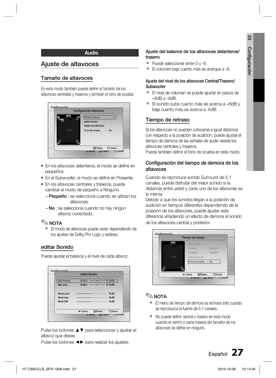 Samsung HT-C555/MEA, HT-C555/XEF, HT-C550/XEF, HT-C550/MEA manual Ajuste de altavoces, Audio 