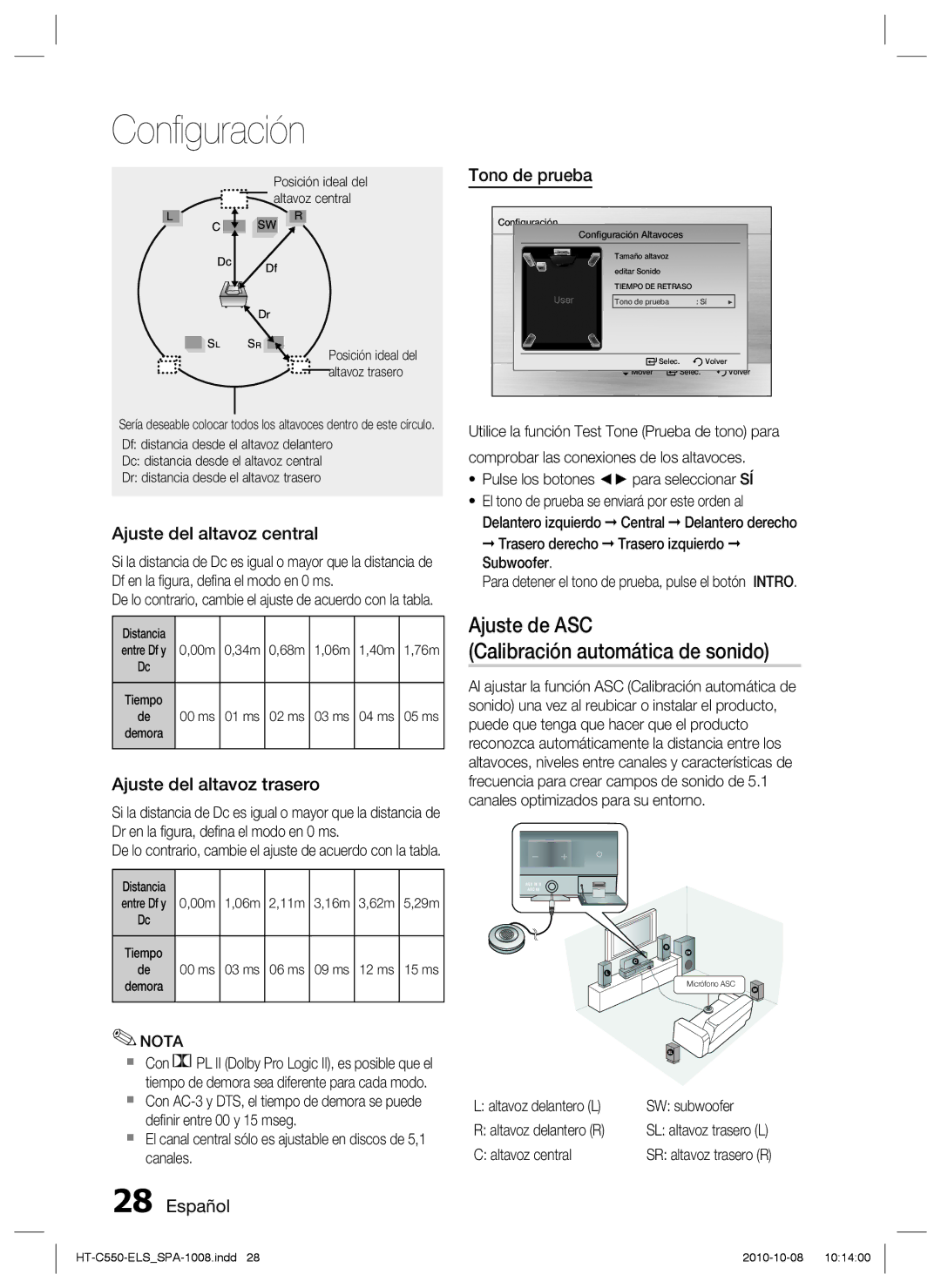 Samsung HT-C555/XEF, HT-C550/XEF Ajuste de ASC, Ajuste del altavoz central, Tono de prueba, Ajuste del altavoz trasero 