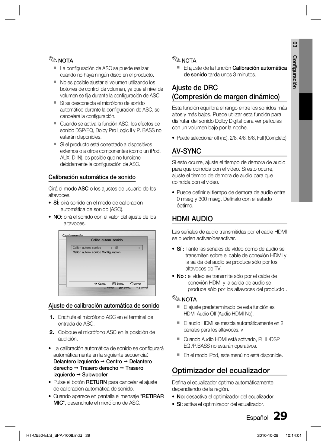 Samsung HT-C550/XEF, HT-C555/XEF, HT-C550/MEA manual Ajuste de DRC Compresión de margen dinámico, Optimizador del ecualizador 