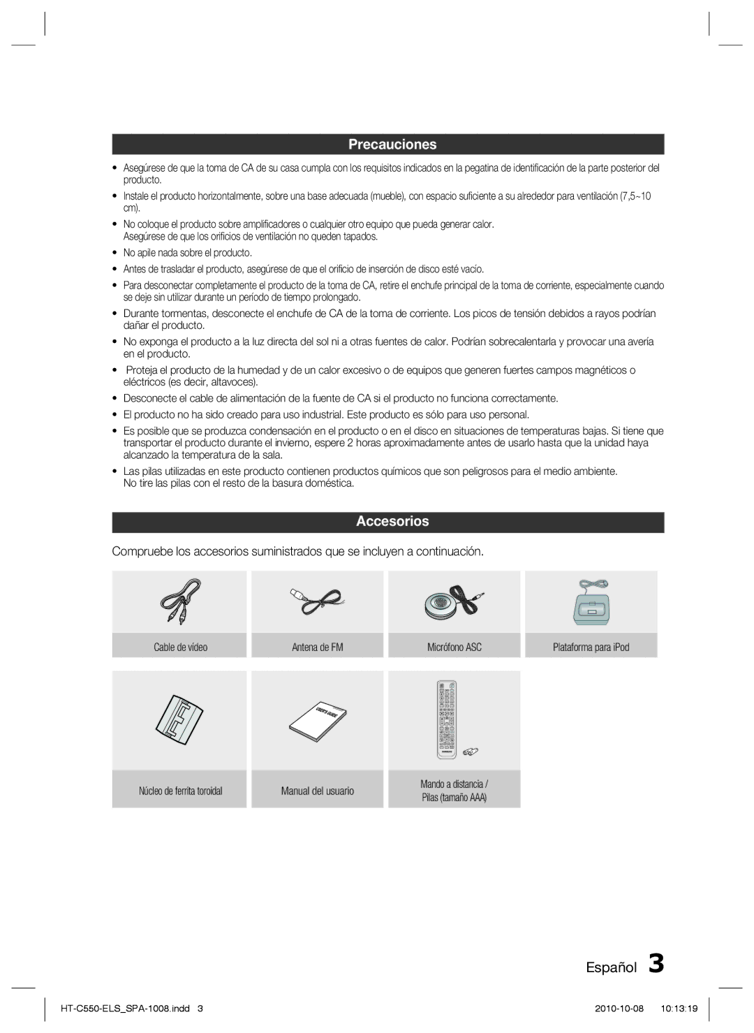 Samsung HT-C555/MEA, HT-C555/XEF, HT-C550/XEF, HT-C550/MEA manual Precauciones, Accesorios 