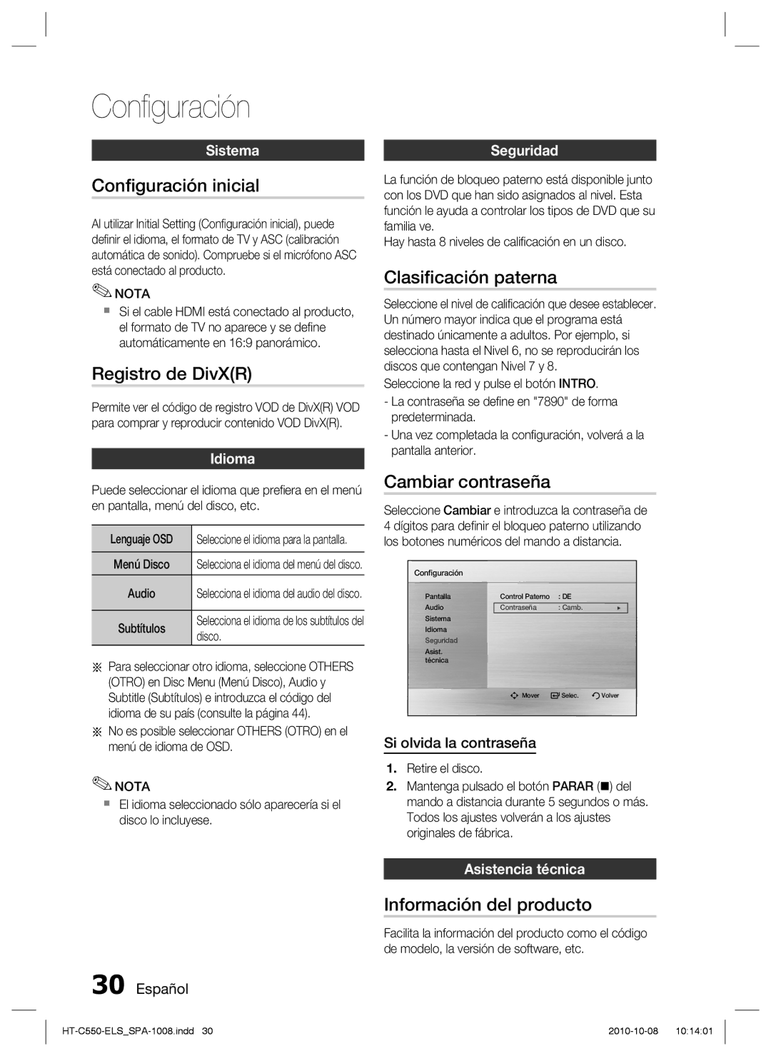 Samsung HT-C550/MEA, HT-C555/XEF manual Conﬁguración inicial, Registro de DivXR, Clasiﬁcación paterna, Cambiar contraseña 