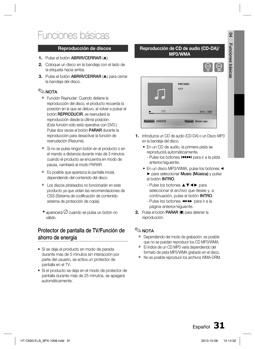 Samsung HT-C555/MEA Funciones básicas, Protector de pantalla de TV/Función de ahorro de energía, Reproducción de discos 