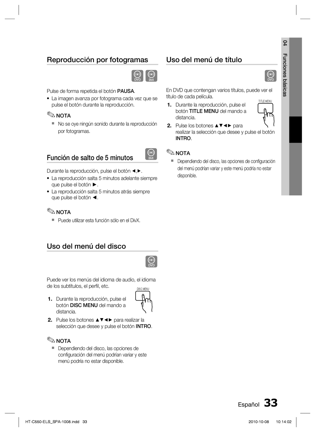 Samsung HT-C550/XEF manual Reproducción por fotogramas, Función de salto de 5 minutos, Uso del menú del disco, Intro Nota 