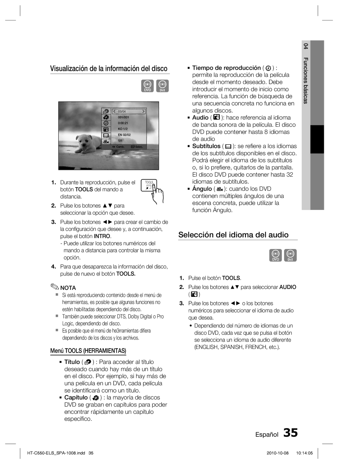 Samsung HT-C555/MEA Selección del idioma del audio, Visualización de la información del disco, Menú Tools Herramientas 