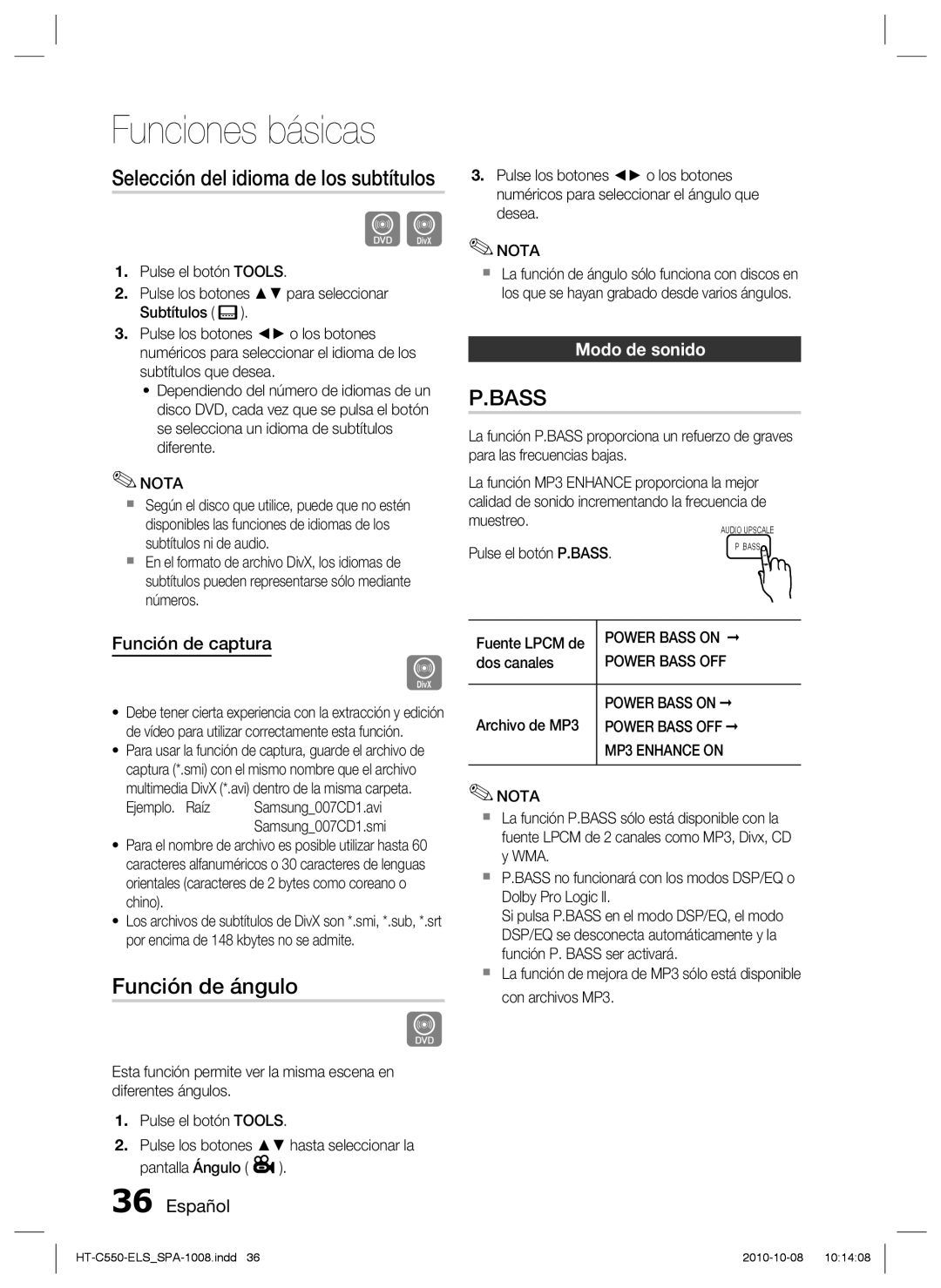 Samsung HT-C555/XEF, HT-C550/XEF, HT-C550/MEA, HT-C555/MEA manual Función de ángulo, Modo de sonido, Función de captura 