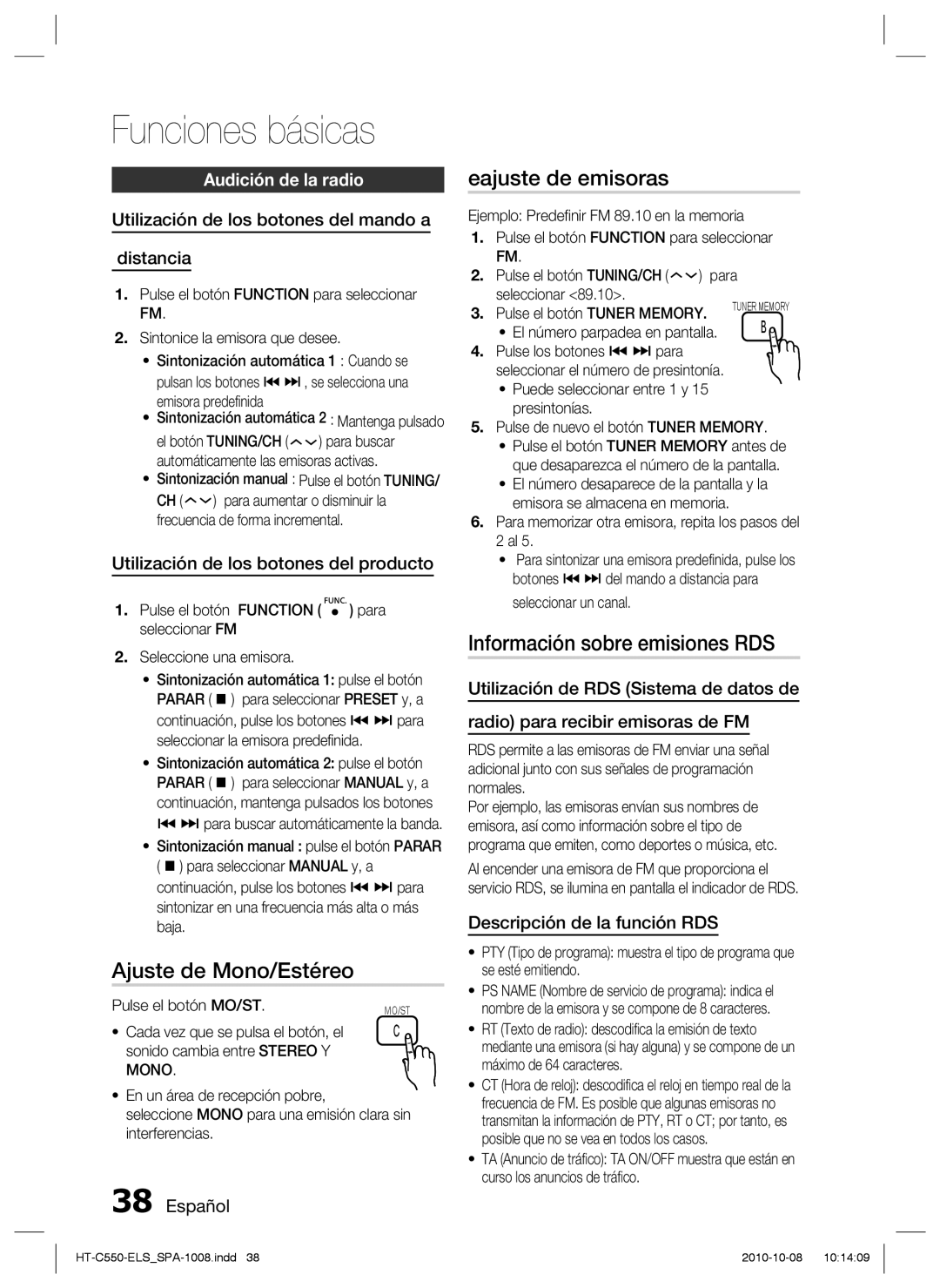 Samsung HT-C550/MEA Ajuste de Mono/Estéreo, Eajuste de emisoras, Información sobre emisiones RDS, Audición de la radio 