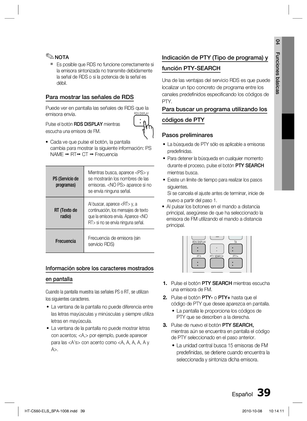 Samsung HT-C555/MEA Para mostrar las señales de RDS, En pantalla, Indicación de PTY Tipo de programa y, Función PTY-SEARCH 