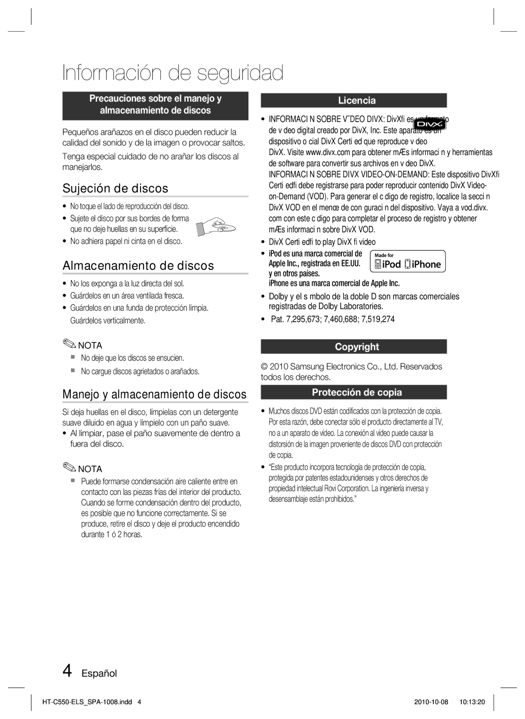 Samsung HT-C555/XEF, HT-C550/XEF manual Sujeción de discos, Almacenamiento de discos, Manejo y almacenamiento de discos 