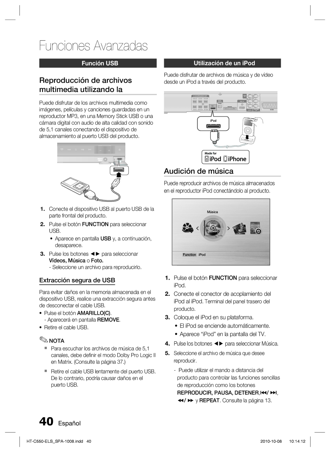 Samsung HT-C555/XEF, HT-C550/XEF manual Reproducción de archivos multimedia utilizando la, Audición de música, Función USB 