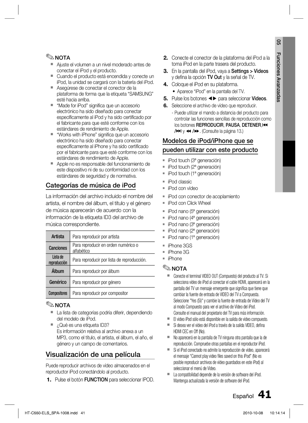 Samsung HT-C550/XEF, HT-C555/XEF, HT-C550/MEA, HT-C555/MEA manual Visualización de una película, Categorías de música de iPod 