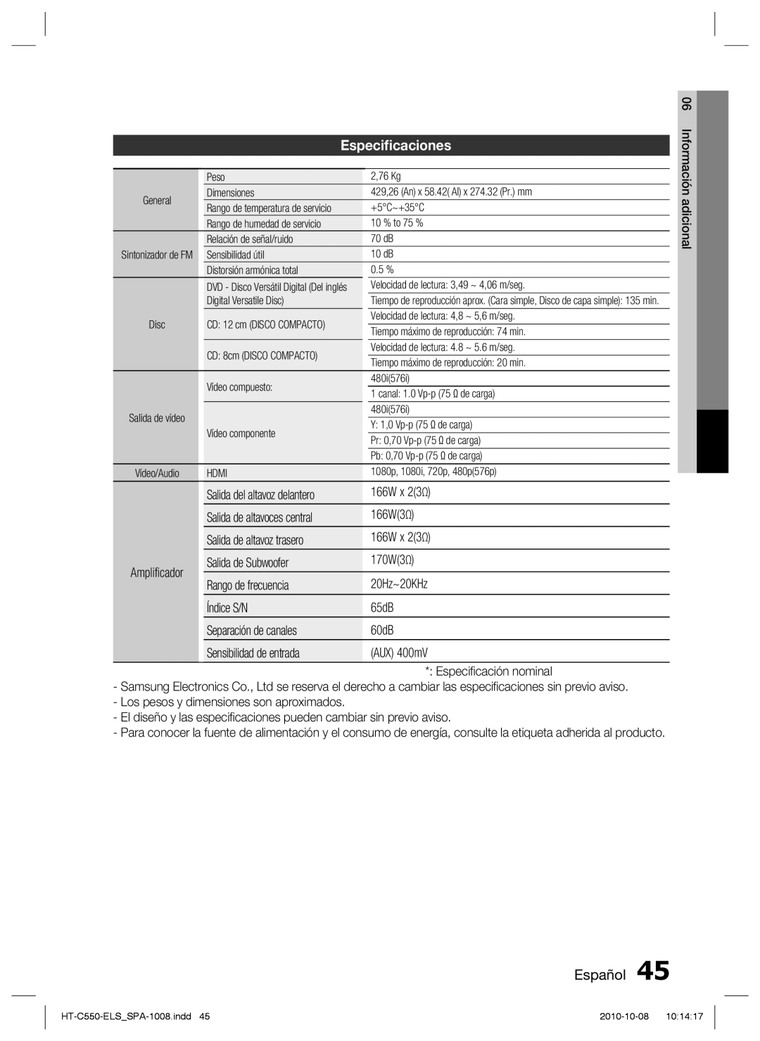 Samsung HT-C550/XEF, HT-C555/XEF, HT-C550/MEA, HT-C555/MEA manual Especiﬁcaciones 