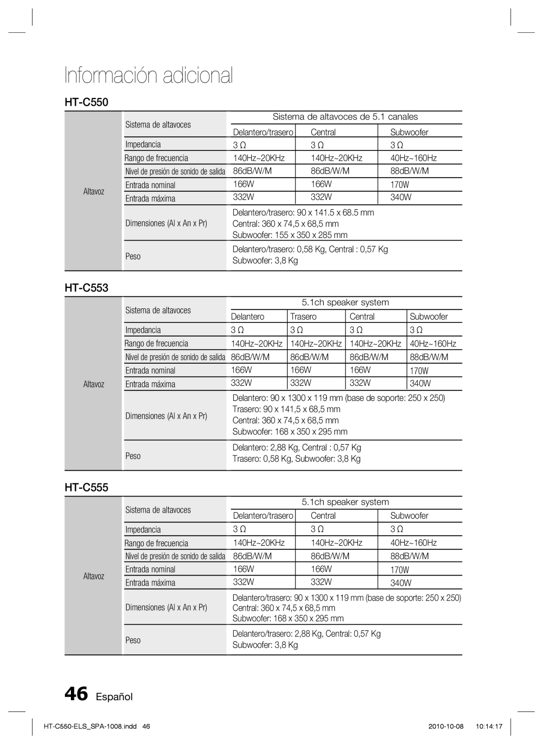 Samsung HT-C550/MEA, HT-C555/XEF, HT-C550/XEF, HT-C555/MEA manual HT-C553, Altavoz Sistema de altavoces 