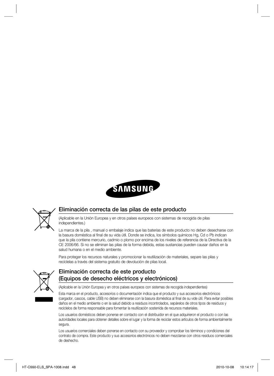 Samsung HT-C555/XEF, HT-C550/XEF, HT-C550/MEA, HT-C555/MEA manual Eliminación correcta de las pilas de este producto 