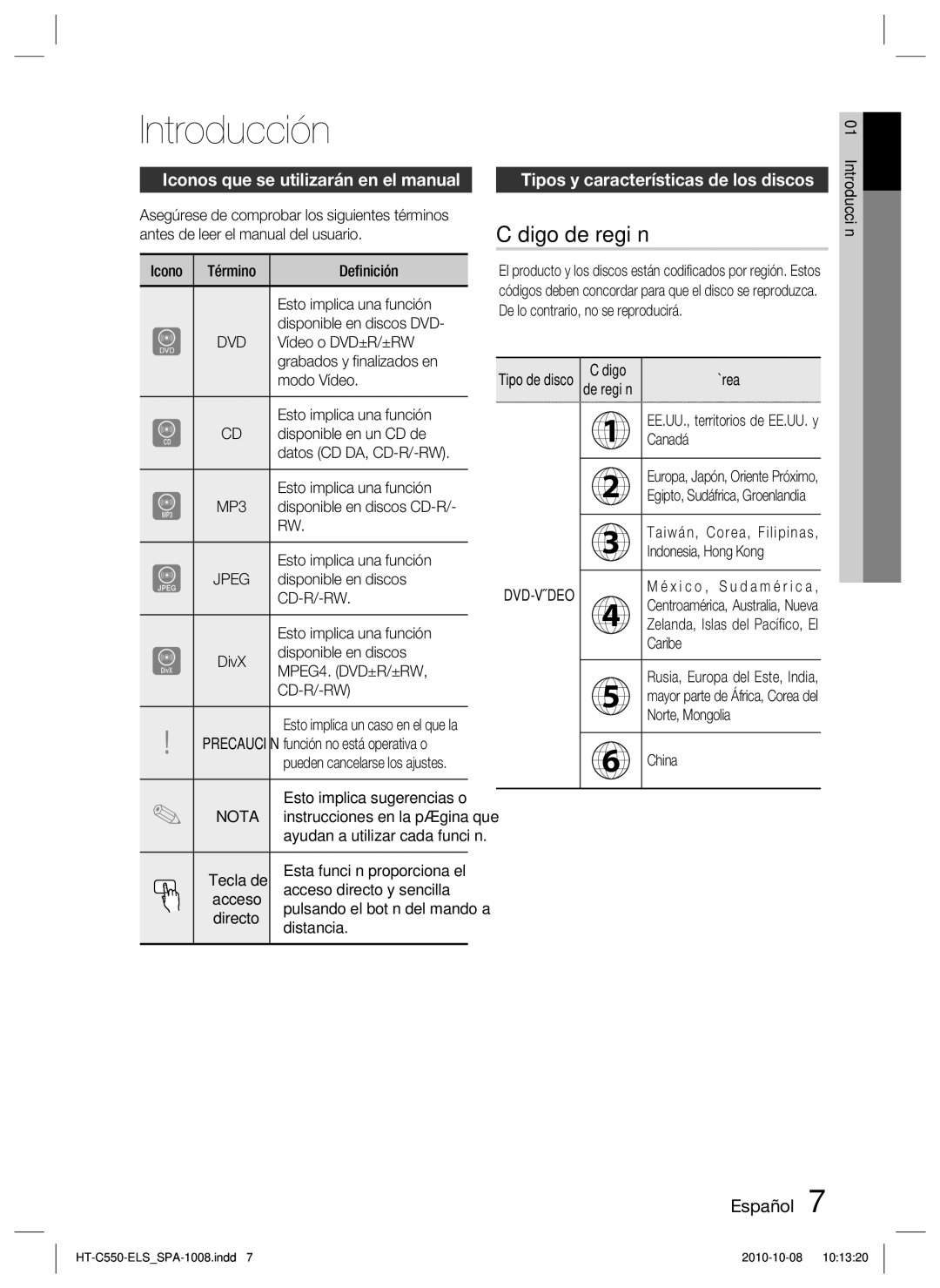 Samsung HT-C555/MEA, HT-C555/XEF, HT-C550/XEF Introducción, Código de región, Iconos que se utilizarán en el manual 