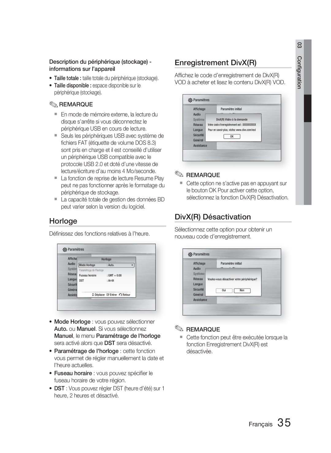 Samsung HT-C5800/XEE manual Horloge, Enregistrement DivXR, DivXR Désactivation, Déﬁnissez des fonctions relatives à l’heure 