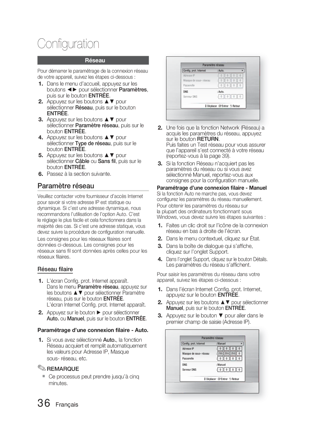 Samsung HT-C5800/EDC, HT-C5800/XEF manual Paramètre réseau, Réseau ﬁlaire, Paramétrage d’une connexion ﬁlaire Auto 