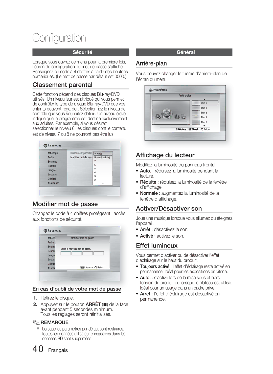 Samsung HT-C5800/XEF Classement parental, Modiﬁer mot de passe, Arrière-plan, Afﬁchage du lecteur, Activer/Désactiver son 