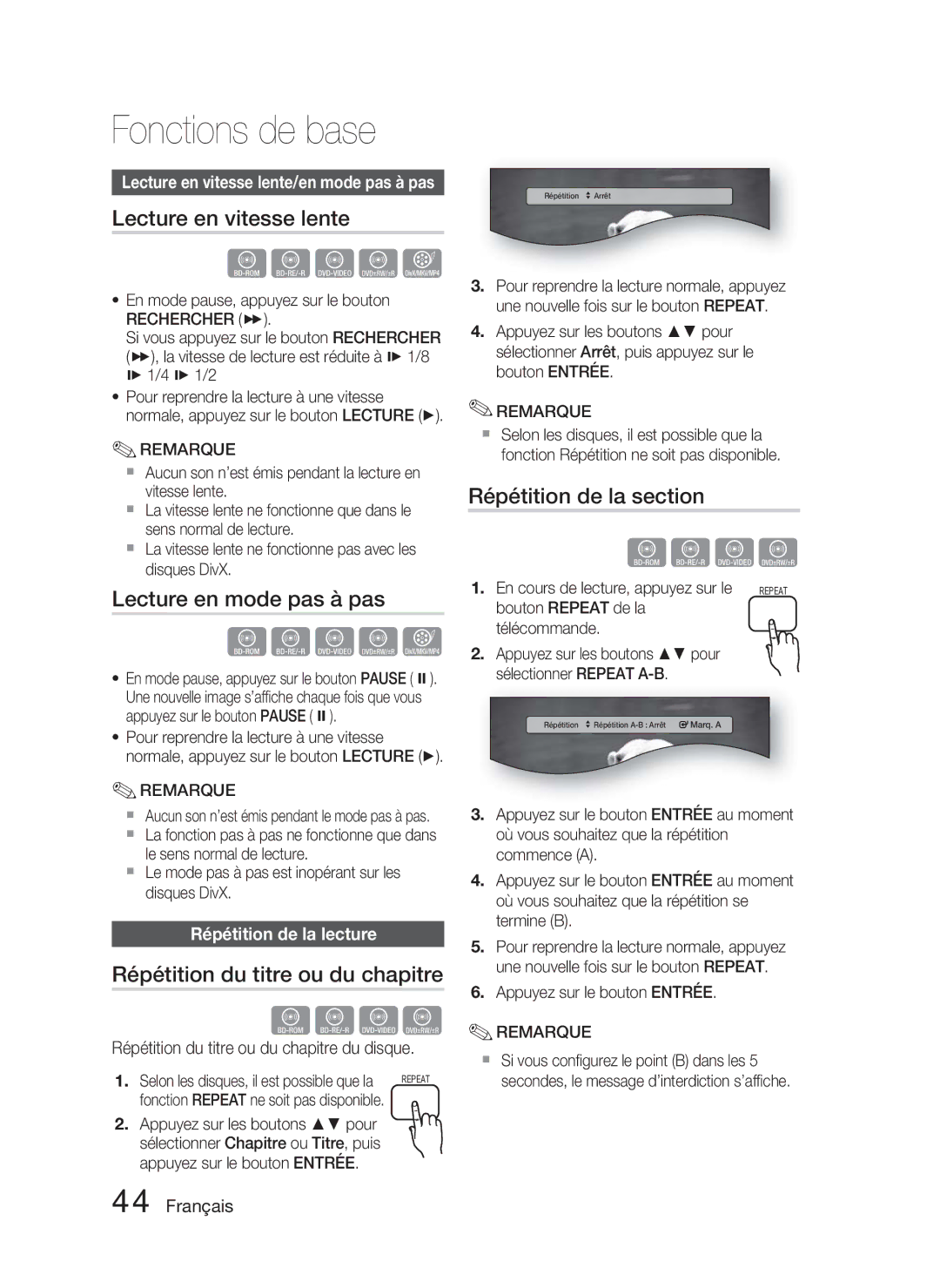 Samsung HT-C5800/XEE, HT-C5800/EDC Lecture en vitesse lente, Lecture en mode pas à pas, Répétition du titre ou du chapitre 