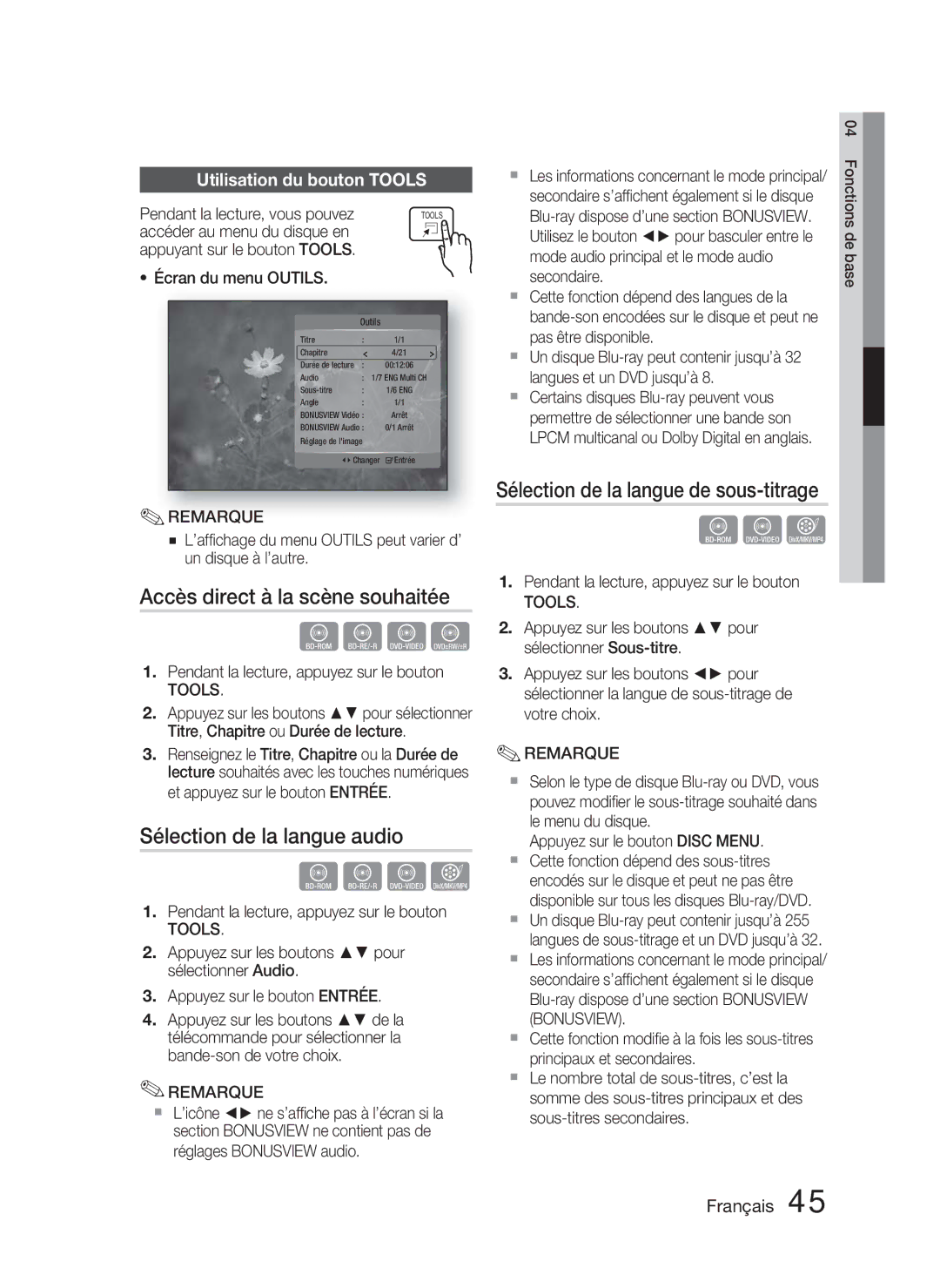 Samsung HT-C5800/EDC manual Accès direct à la scène souhaitée, Sélection de la langue audio, Utilisation du bouton Tools 