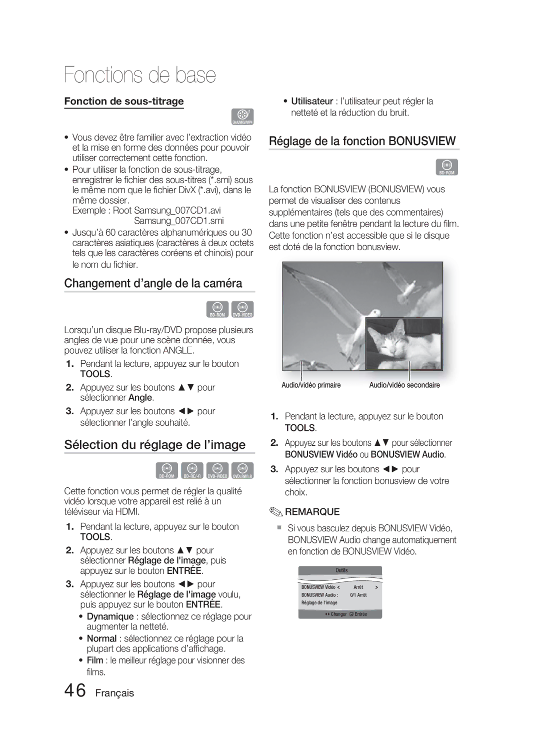 Samsung HT-C5800/XEF Changement d’angle de la caméra, Sélection du réglage de l’image, Réglage de la fonction Bonusview 