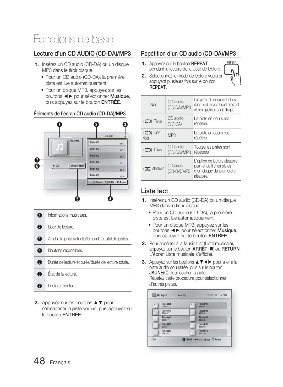 Samsung HT-C5800/EDC, HT-C5800/XEF, HT-C5800/XEE manual Répétition d’un CD audio CD-DA/MP3, Liste lect, Repeat 